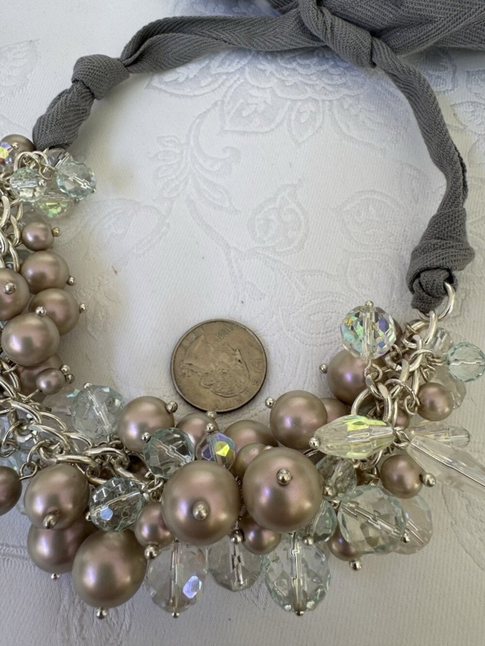 Sequin NYC Iridescent Pearl Crystal Bead MultiStrand Gray Ribbon Tie Necklace